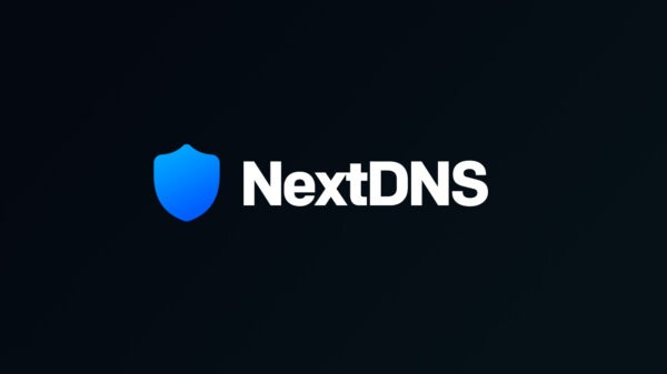 NextDNS logo with a shield and their name written in white on a black background