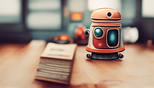 Cute little robot looking like r2d2 next to a book. Created by Midjourney AI.